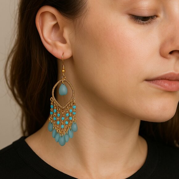 Jewelry - Hollow Leaf Beaded Dangling Earrings Faux Blue Stones Gold Tone 3.9" Drop New
